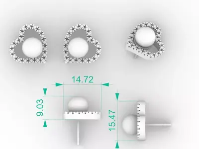 Elegant Pearl Heart Stud Earrings Diamond 3D print model