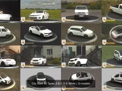 City Cars All Types A B C D E White 3D Model Collection
