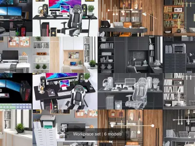 Workplace set pc gaming desk 3D Model Collection