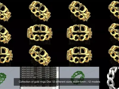 Collection of gold rings Dior 12 different sizes width 6mm 3D Model Pack