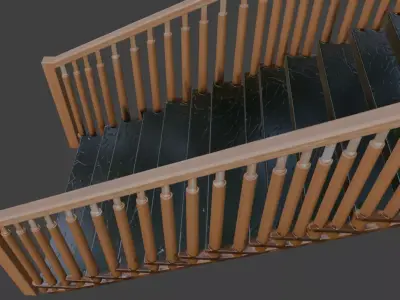 Black Marble Staircase with Wooden Handrails 3D model