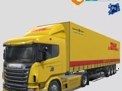 Truck with trailer DHL Livery Low-poly 3D model