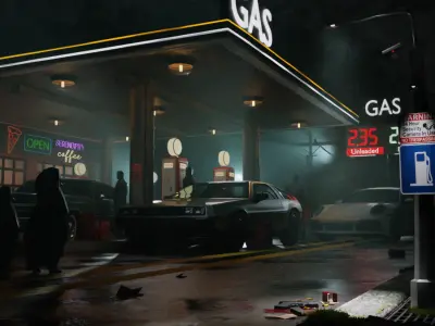 FREE Mysterious Vintage Gas Station with Cars Free 3D model