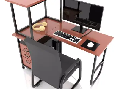 Desktop Computer Table and Chair Low Poly Low-poly 3D model