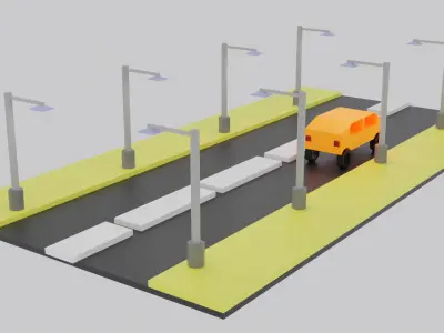 Toy car in road with street lights Low-poly 3D model
