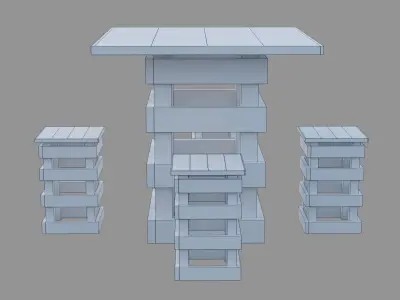 Table and chairs - Recycled wood Low-poly 3D model