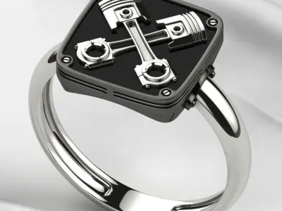 Crossed Pistons Silver Gold Ring with Enamel 3D print model