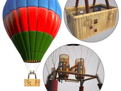 Parachute hot air balloon and wooden box 3D model