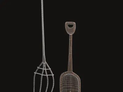Rustic Medieval Wooden Shovel and Rake Low-poly 3D model
