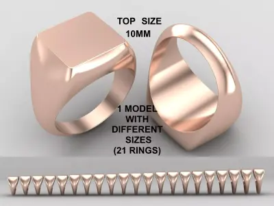 Square Signet Ring Base 10MM top in All sizes 197-MWC  3D print model