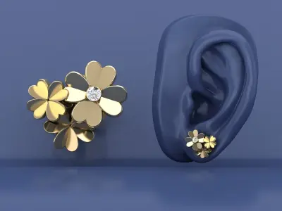 Cluster Four Leaf Clover Stud Earrings 3D Model Print Design 3D print model