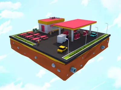 Cartoon Low Poly Gas Station Low-poly 3D model