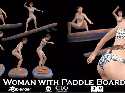 Woman with Paddle Board 05 Poses Low-poly 3D model