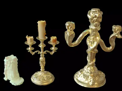 Ornate Gothic Candleholders and Melted Candle Props Pack Free 3D model