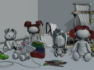 Wood Toys Dolls And Stroller 3D model