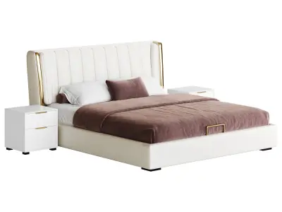 Beige Upholstered Wingback Modern bed I 3D model