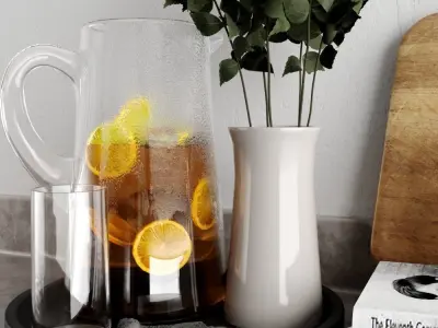 decoration set pitcher of water and book on counter 3D model