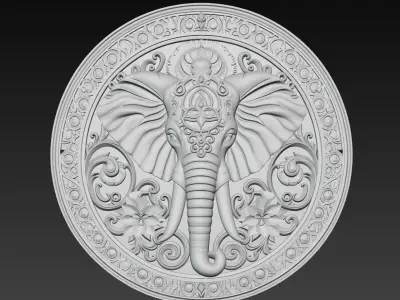 Ornate Elephant Medallion - Sacred Decorative Relief Sculpture 3D print model