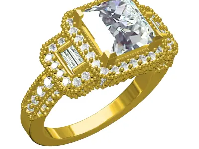 Princess Diamond Three Stone Halo Diamond Art Deco Ring 3D print model