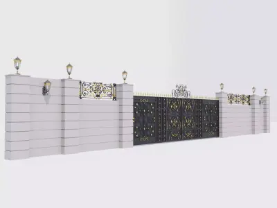 Classic Mansion Style Gate with fence and Wall lamps 3D model