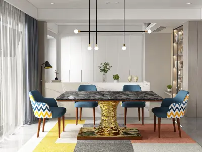 Luxury Dining Table 3D Model with Marble Top and Gold Base Low-poly 3D model