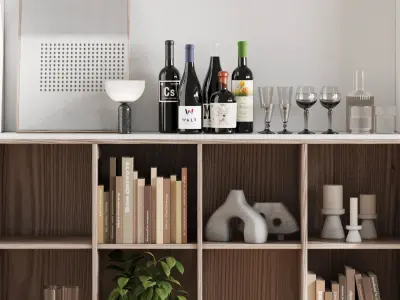 wooden Shelves Decorative With Plants and Book - Wooden Rack 11 Low-poly 3D model