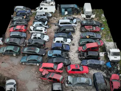 cars wreckage terrain closeup sector drone photogrammetry Low-poly 3D model