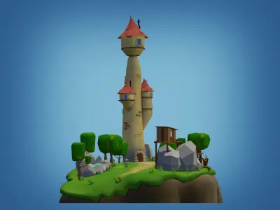 Low-poly Fantasy Castle on a Floating Island  Low-poly 3D model