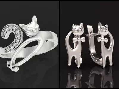 set ring cat and earrings cat  3D Model Pack