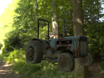 Tractor old in forest Low-poly 3D model