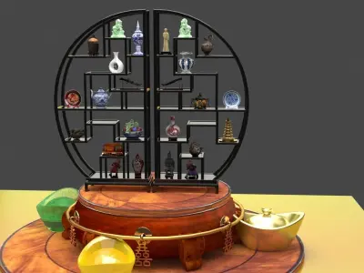 Chinese shelf with yuanbao and decorative sculpture 3D model