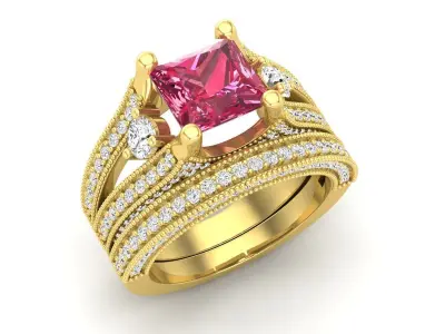 AV 506 Princess Cut Engagement Ring Bridal Set 3D print model