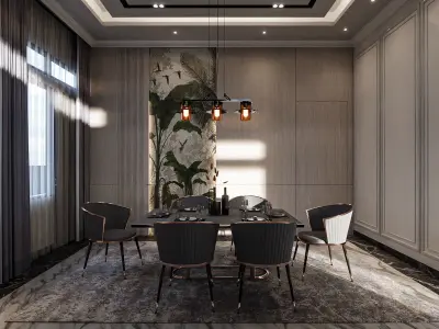 Living Room and Kitchen with Dinning Set Low-poly 3D model