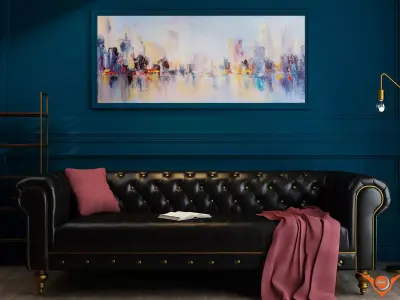 Black living room with Black leather sofa luxury interior 3D model