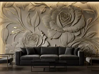 modern rose panel wall decor set relief stl mural CNC 295  3D model