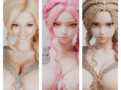 Busty Young Anime Girls Realistic Body Bust 4 High-Quality Pack Low-poly 3D model