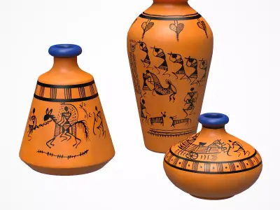 Warli Terracotta Vases orange painted Low-poly 3D model