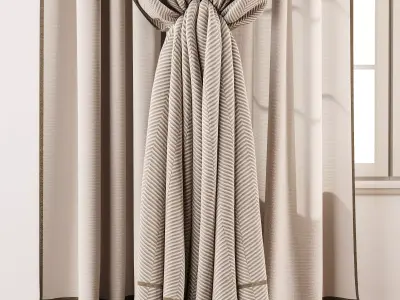 Herringbone Linen Curtain Set with Roman Blind and Sheer Layer 3D model