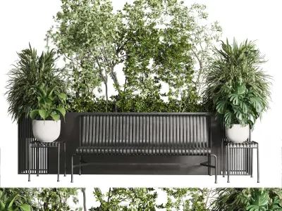 Urban Environment  Urban Furniture Green Benches With tree 38 Low-poly 3D model