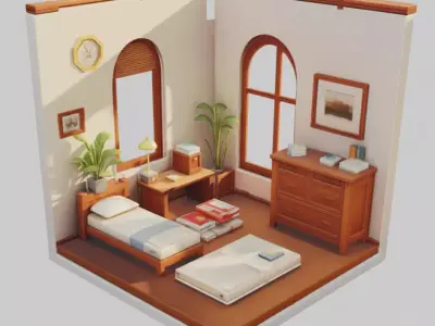 Cozy Bedroom Interior 3D Cartoon Room Wooden Furniture Plants Low-poly 3D model