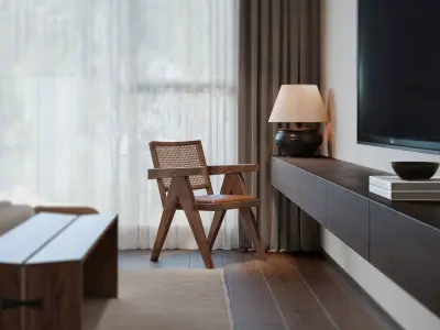 Modern Asian Twin-Bed Suite - Warm Wooden Japandi Bedroom 3D model