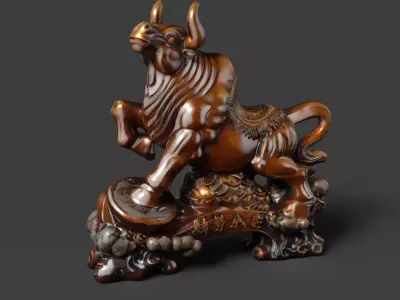 Chinese wooden ox figure  Low-poly 3D model