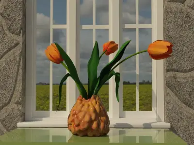 Orange tulips bouquet in a vase 3D model