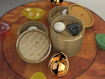 Chinese bamboo steamer with rice roll 3D model