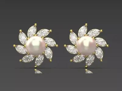 Gold flower design stud earring with pearl diamonds  modelpe0046 3D print model