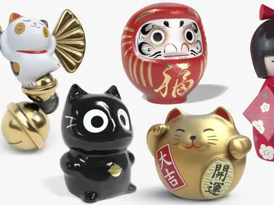 Japanese dolls and fortune cats collection 3D model