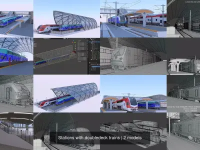 Stations with doubledeck trains 3D Model Collection
