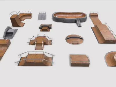 Lowpoly Modular Skatepark - 13 different ramps Low-poly 3D model