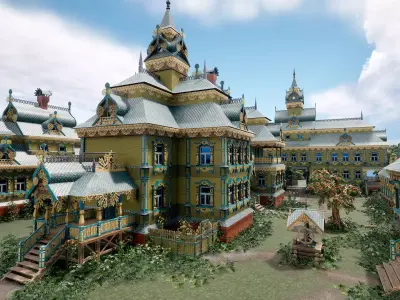 Modular wooden town Low-poly 3D model
