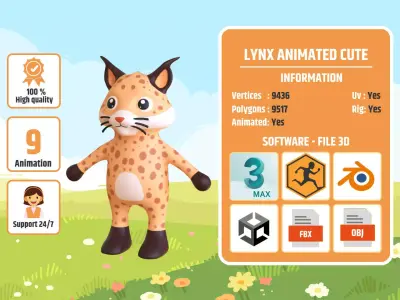 High-Quality 3D Cute Lynx - Animated for Games Low-poly 3D model